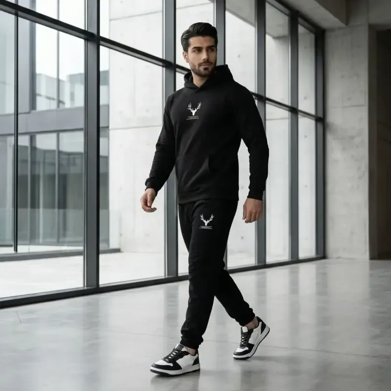 ست هودی و شلوار مردانه مشکی داخل کرک طرح گوزن